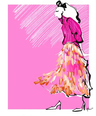 Fashion illustration of a woman in pink outfit by Elly Azizian