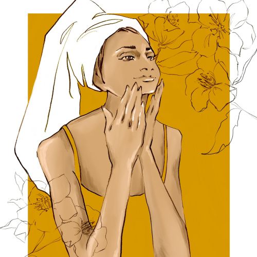 Woman with towel on head applying skincare cream, illustration by Elly Azizian