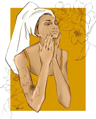 Woman with towel on head applying skincare cream, illustration by Elly Azizian