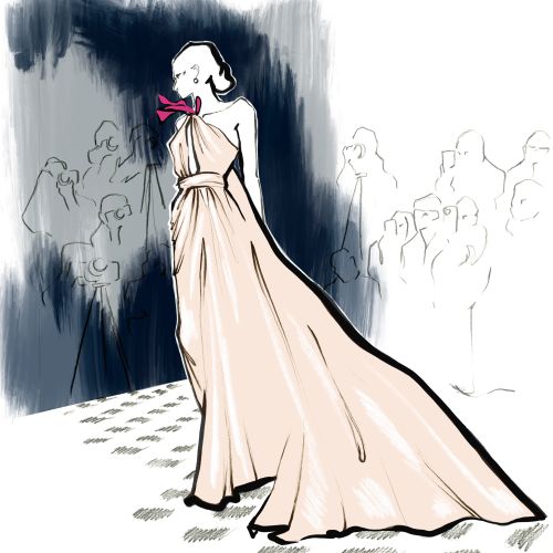 Fashion illustration of woman in flowing gown by Elly Azizian