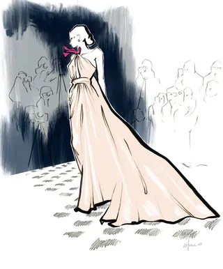 Fashion illustration of woman in flowing gown by Elly Azizian
