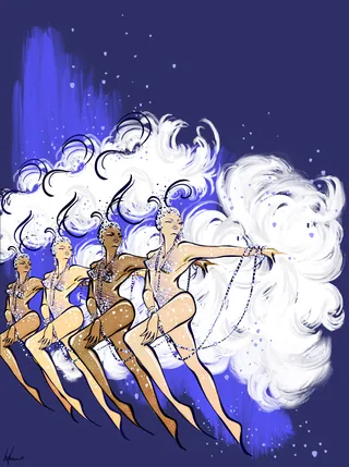 Stylized female dancers holding large white feather fans by Elly Azizian