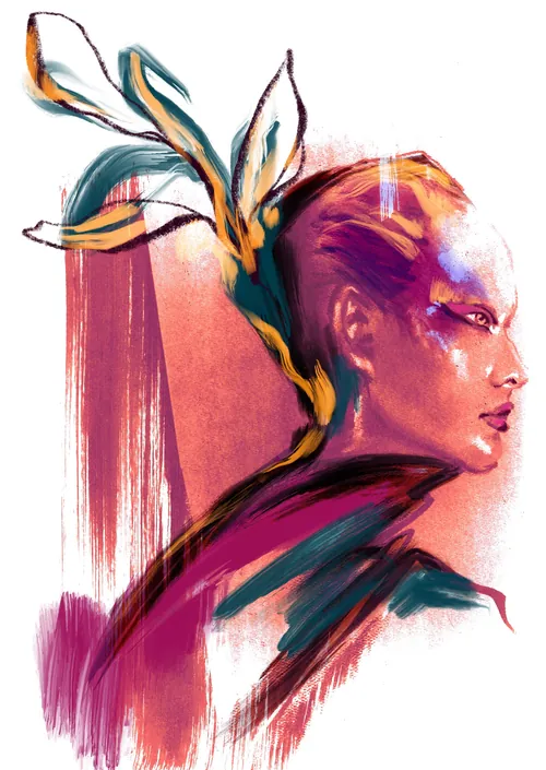 Abstract portrait of a woman with floral elements by Elly Azizian