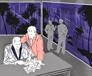 Men in suits discussing papers in office with city night view by Elly Azizian