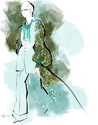 Fashion sketch of model in long sleeve top and flowing cape