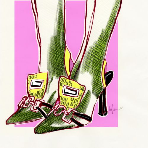 High-heeled boots featuring retro electronic device illustrations