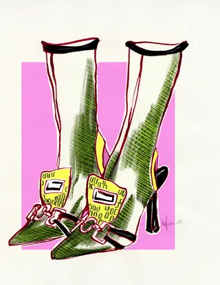 High-heeled boots featuring retro electronic device illustrations