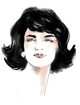 Black and white sketch of woman's face with short dark hair