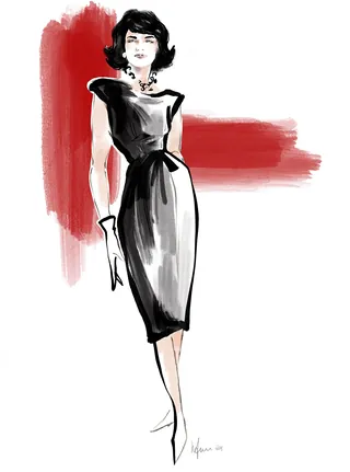 Woman in stylish black dress and gloves fashion illustration