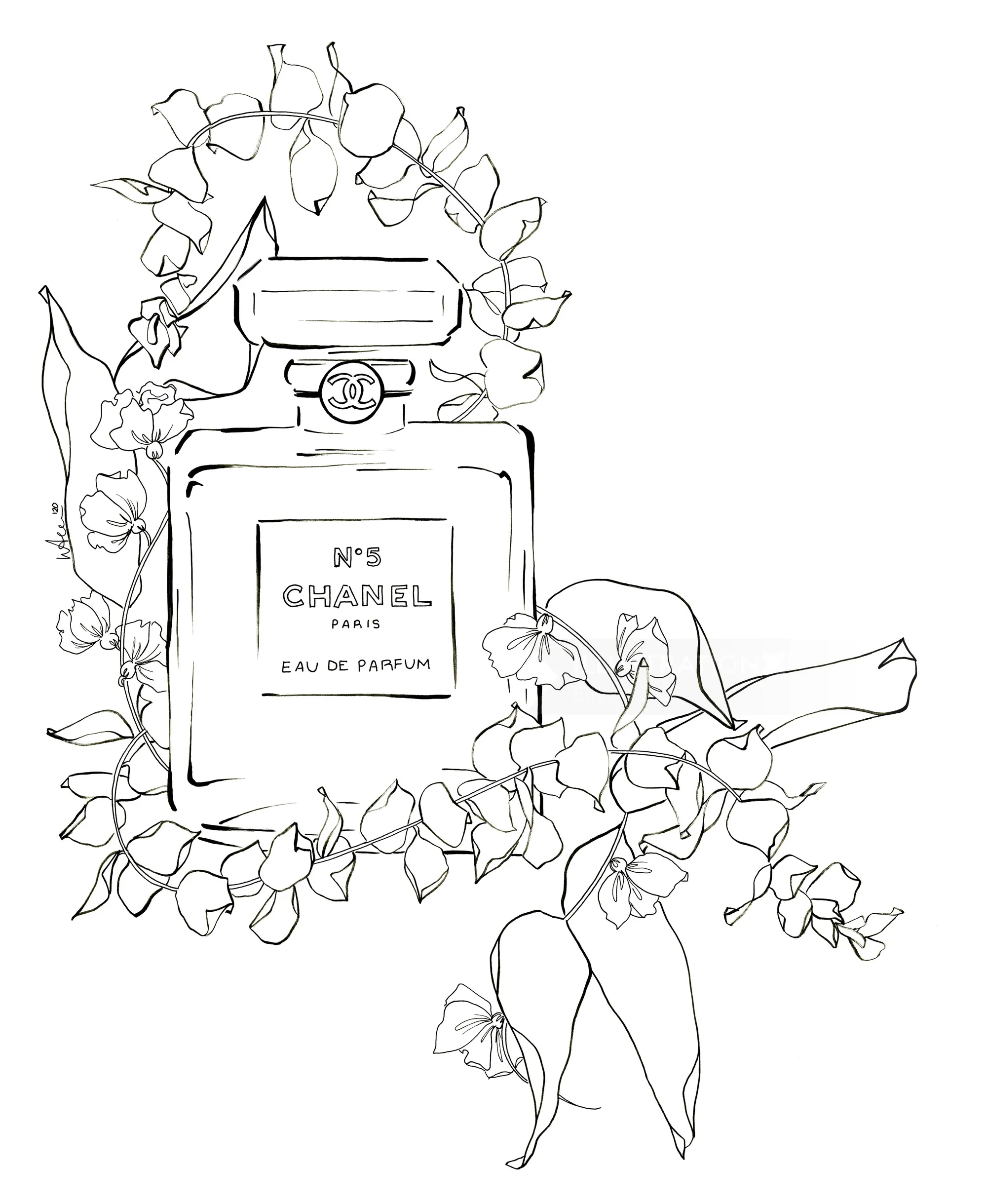Strichzeichnung eines Chanel No. 5 Parfümflakons, umgeben von Blumen