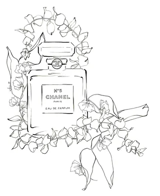 Line drawing of Chanel No. 5 perfume bottle surrounded by flowers