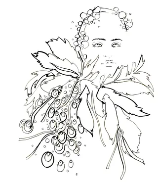 Abstract face with leaves and water droplets in black line art