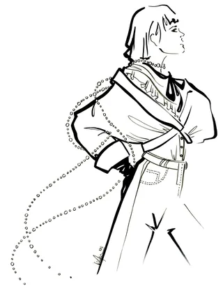 Black and white line drawing of a woman in shawl and pants