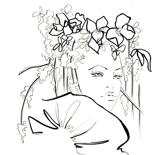 Black and white line drawing of woman wearing flowers on head