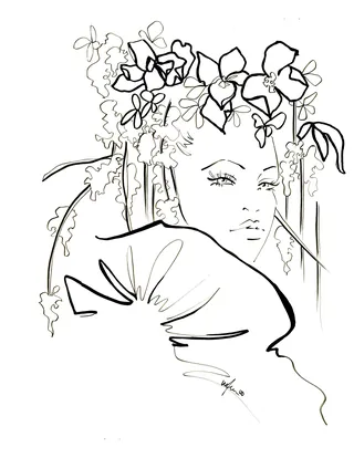 Black and white line drawing of woman wearing flowers on head