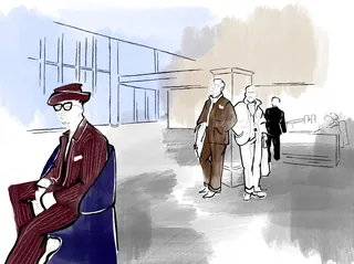 People standing in line inside a modern building in a stylized illustration.