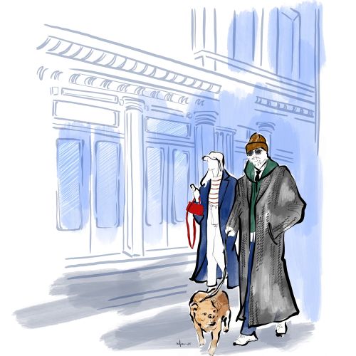 Two people walking a dog on a city street with tall buildings