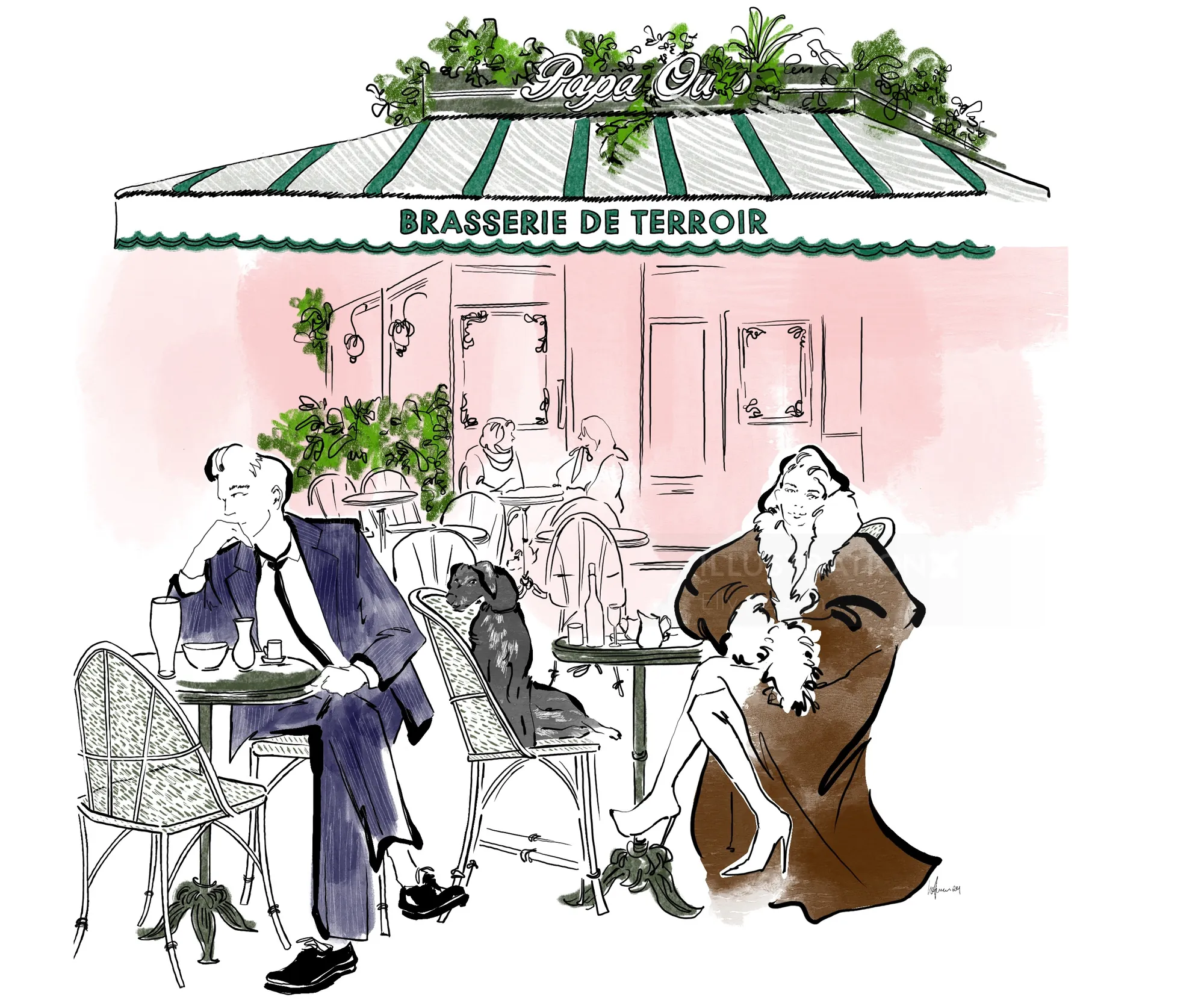 Brasserie de Terroir 야외 테이블에 앉아 있는 남자와 로브를 입은 인물