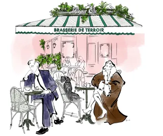 Man and robed figure at outdoor tables of Brasserie de Terroir