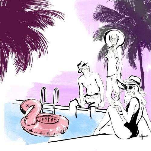 Three people relaxing by a pool with palm trees and flamingo float