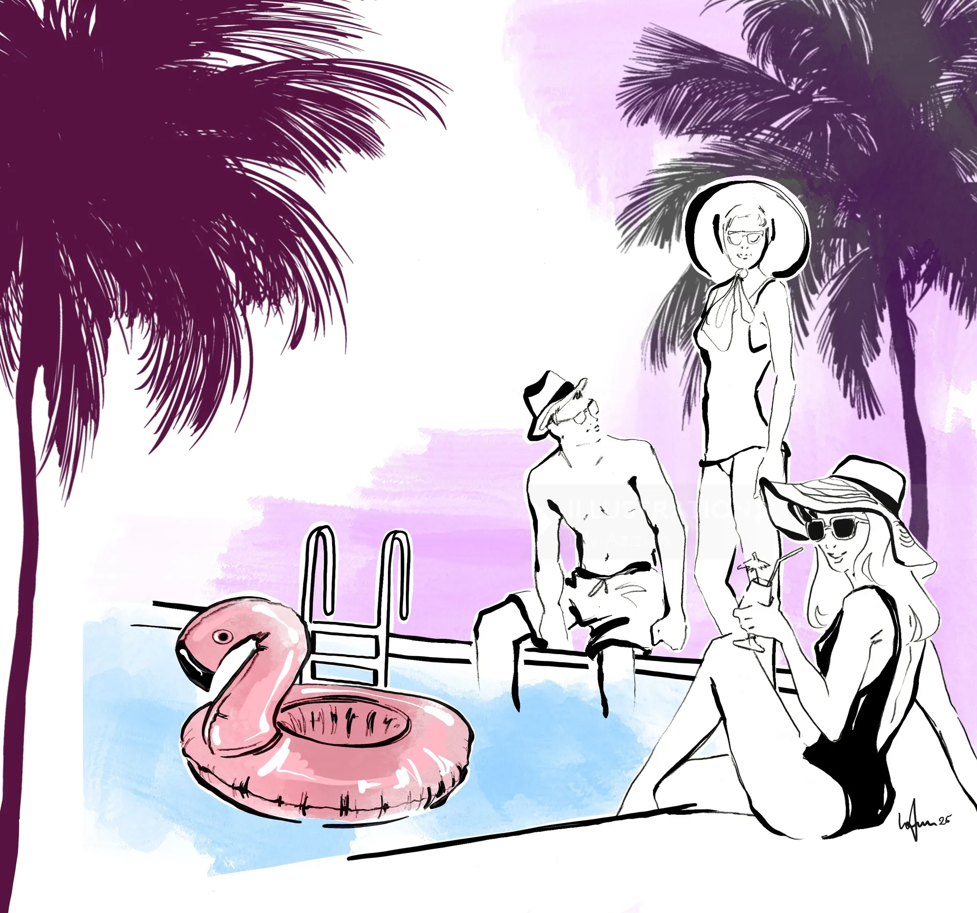 Tres personas relajándose junto a una piscina con palmeras y un flotador de flamencos.