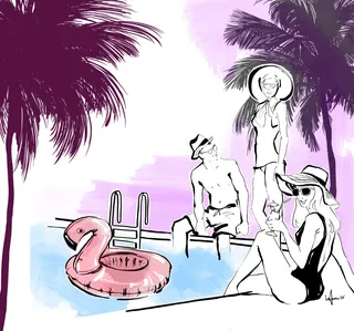 Three people relaxing by a pool with palm trees and flamingo float