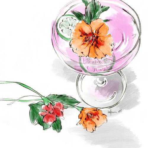 Watercolor illustration of pink cocktail with orange flower and lime garnish
