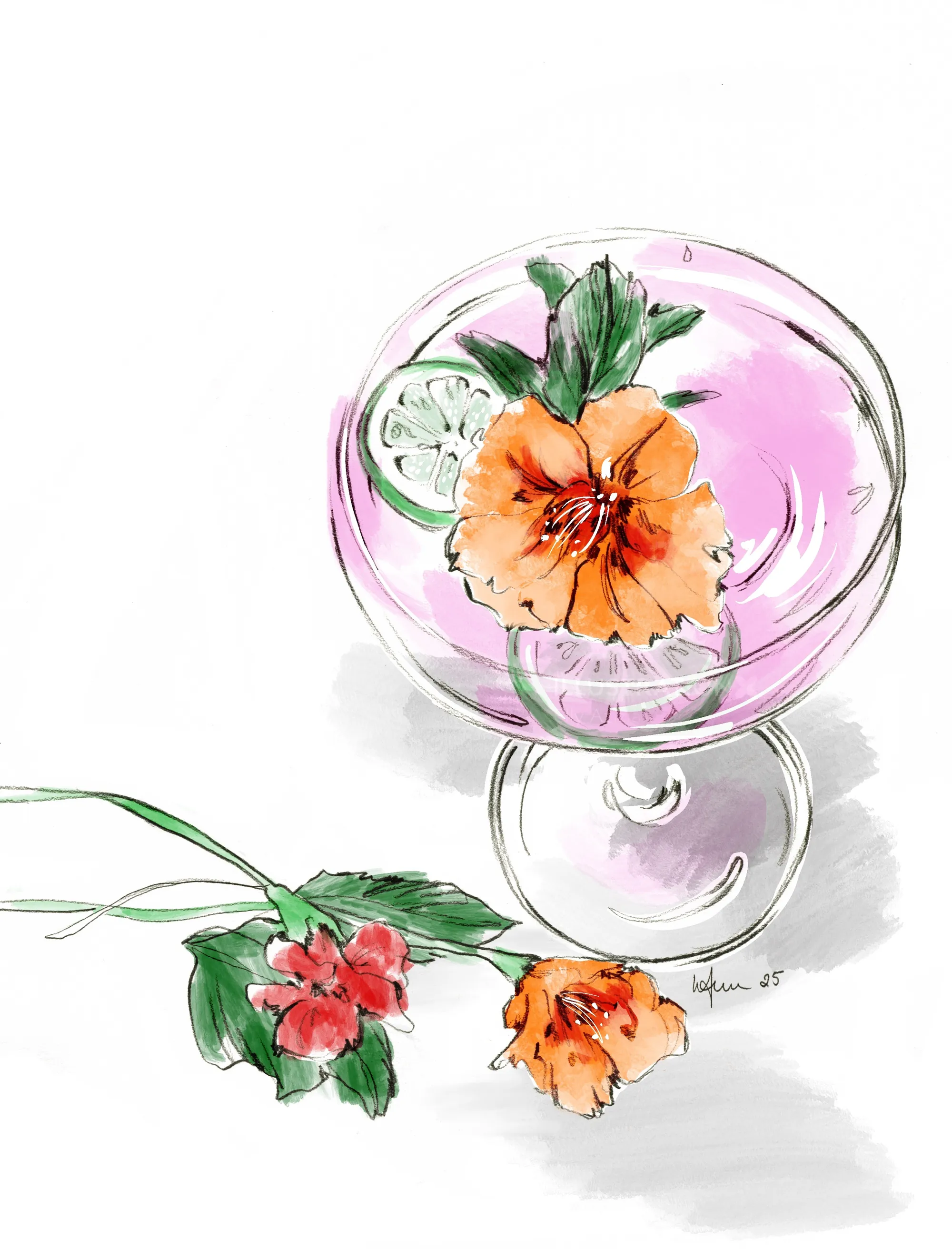 オレンジ色の花とライムを添えたピンクのカクテルの水彩画