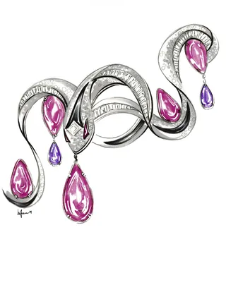 Silver snake-shaped bracelet with pink and purple gems