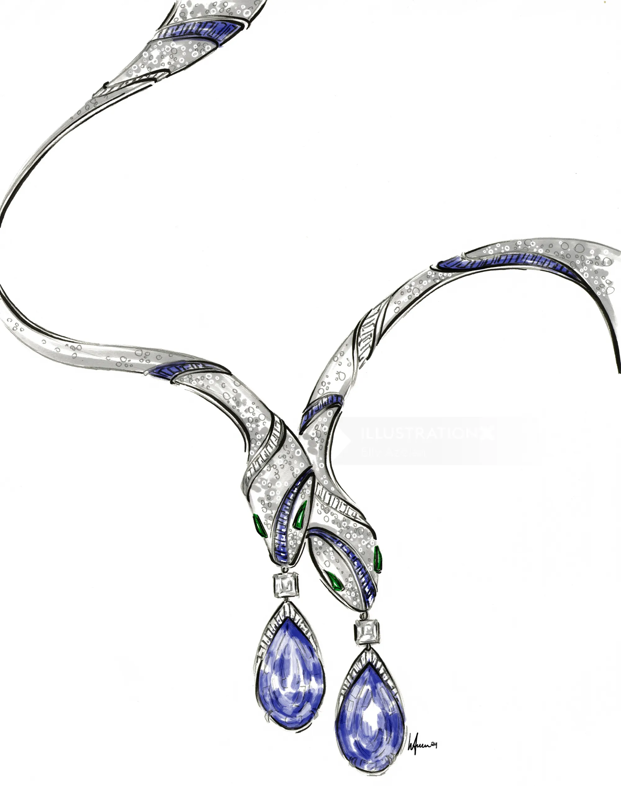 Collier inspiré du serpent avec pierres précieuses en forme de larme bleue et diamants