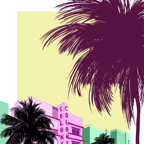 Art deco hotel with palm trees and vintage cars in pastel colors