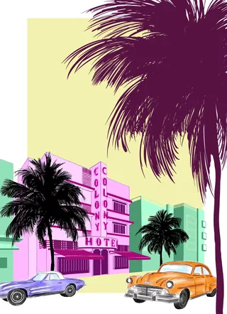 Art deco hotel with palm trees and vintage cars in pastel colors