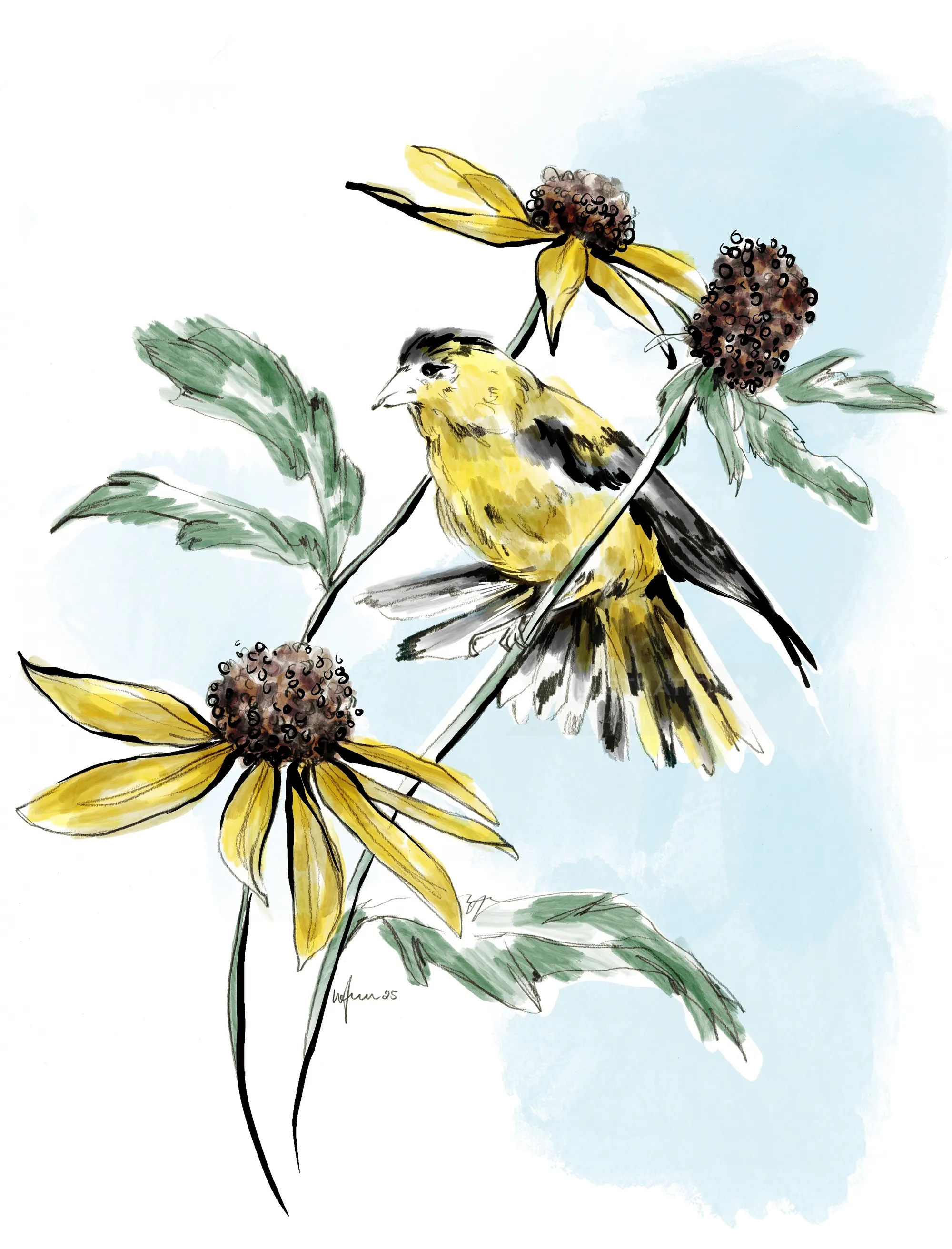 Pájaro amarillo sentado en una planta con flores con pétalos amarillos y hojas verdes.