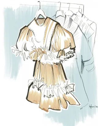 Illustration of ruffled vintage dresses on hangers