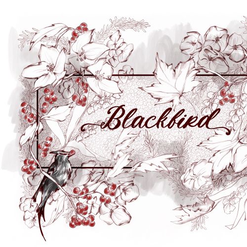 Blackbird surrounded by detailed flowers and red berries illustration