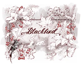 Blackbird surrounded by detailed flowers and red berries illustration