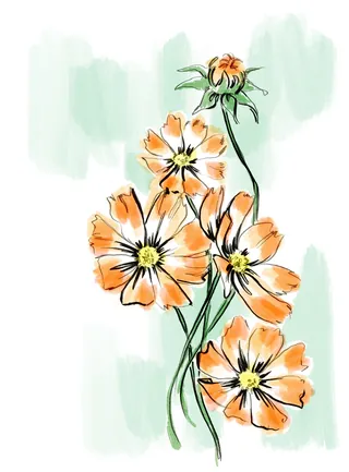 Orange flowers with green stems on light watercolor background