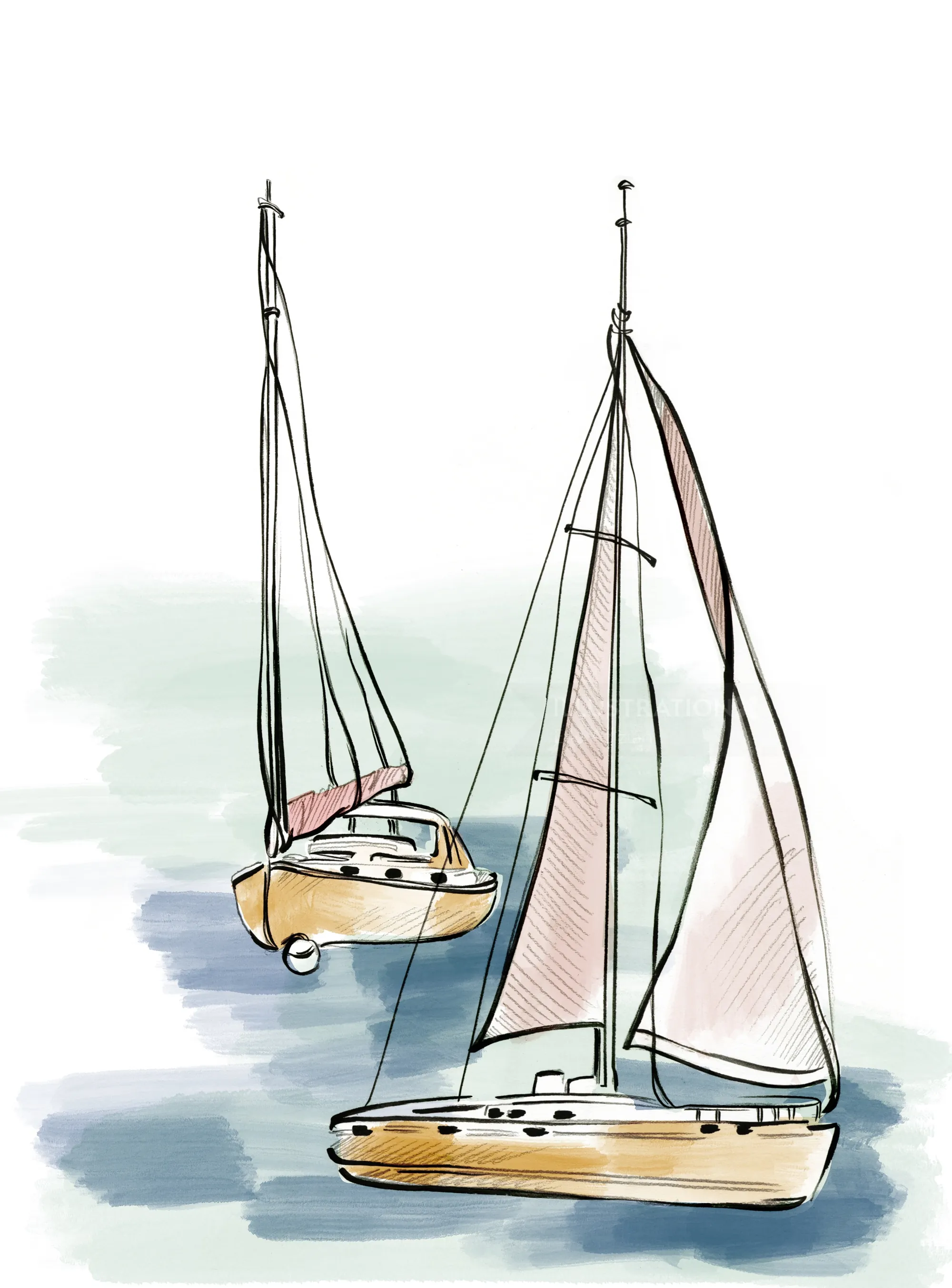 Illustration of two sailboats on water with soft pastel background
