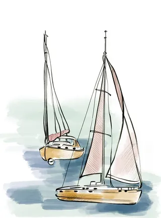 Illustration of two sailboats on water with soft pastel background