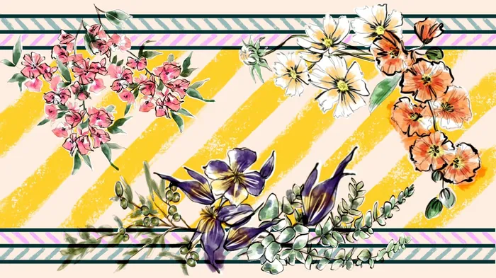 Floral border with pink, orange, and purple flowers on yellow diagonal stripes