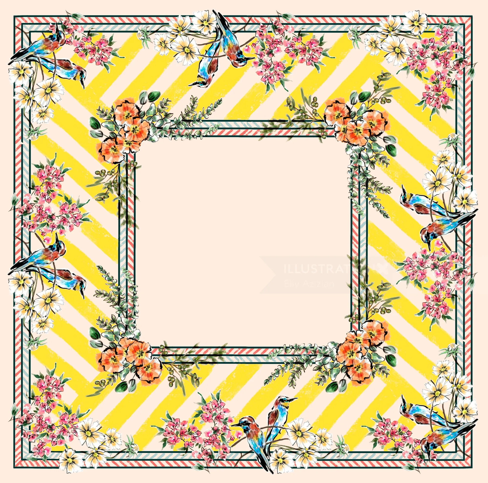 Square floral frame with birds on yellow striped background