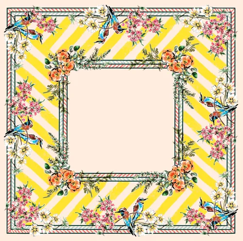 Square floral frame with birds on yellow striped background
