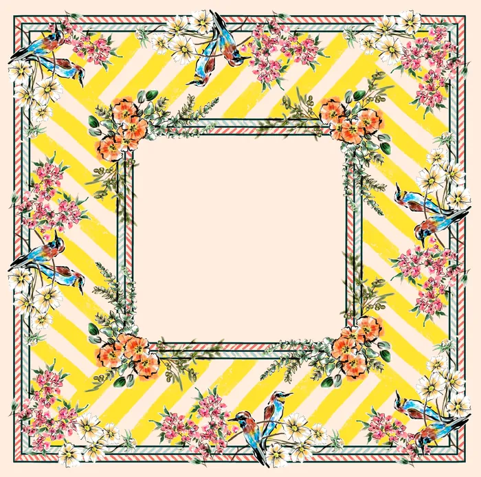 Square floral frame with birds on yellow striped background