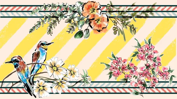Two colorful birds on branches with flowers and yellow diagonal stripes background