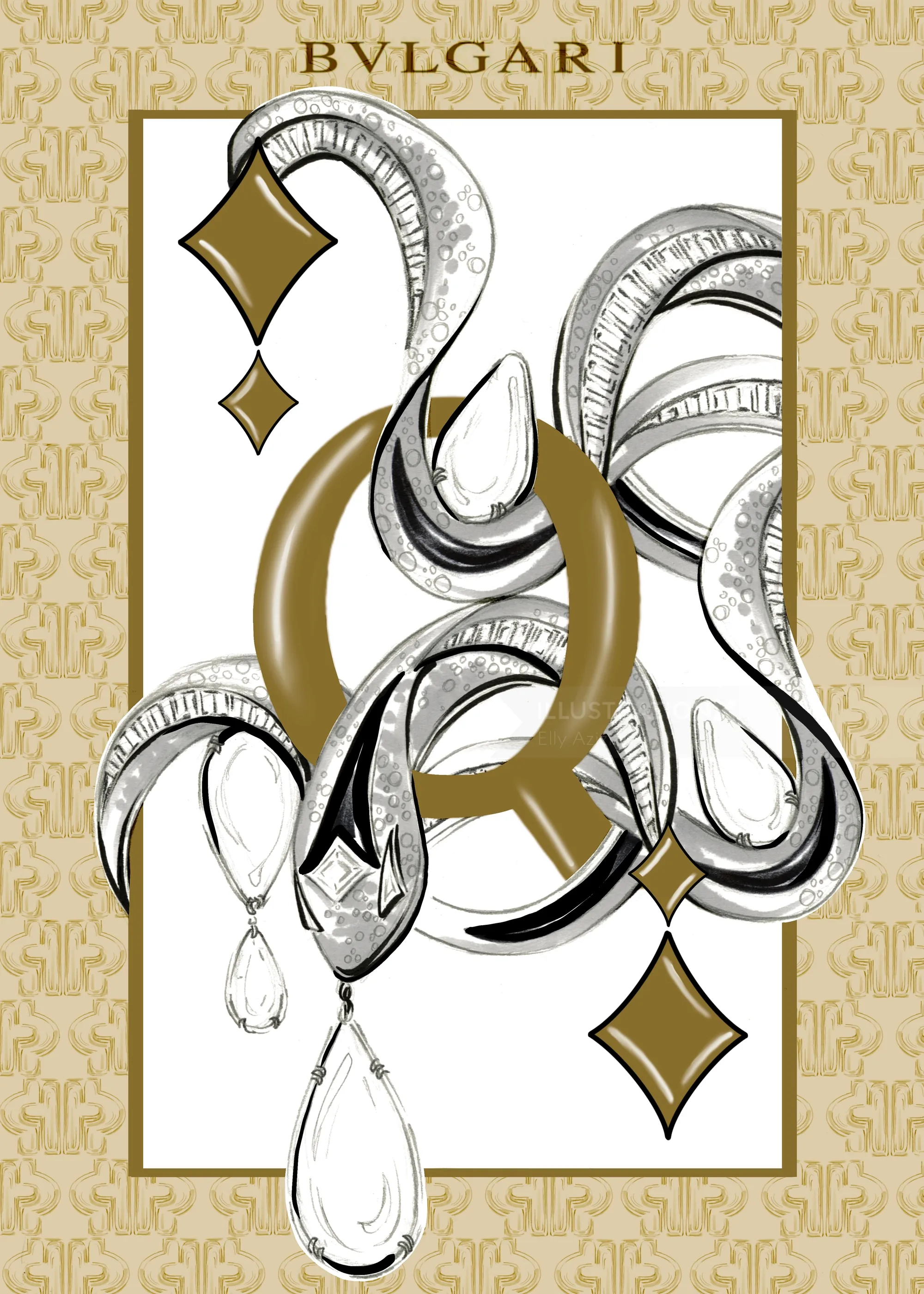 Illustration de bijoux Bulgari avec des éléments en or et en argent par Elly Azizian