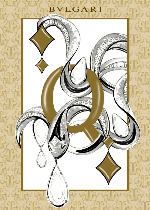 Bulgari jewelry illustration with gold and silver elements by Elly Azizian