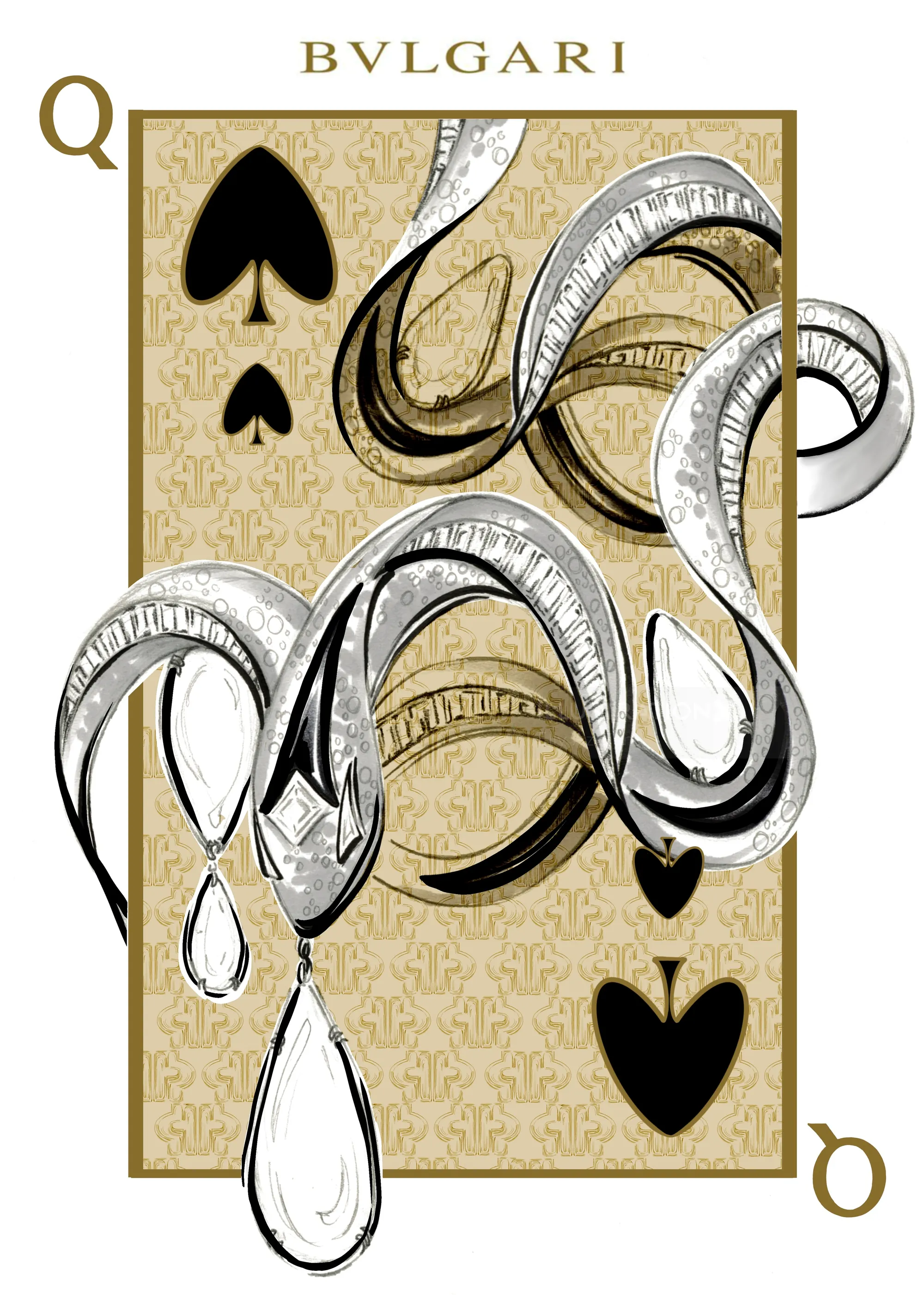 Queen of Spades playing card with silver jewelry illustration