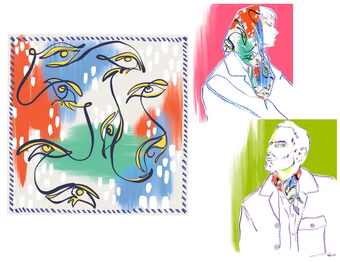 Abstract line art with colorful backgrounds and various facial expressions