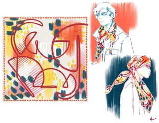 Abstract patterns and illustrations of a man and woman with scarves.