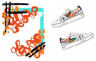 Custom white sneakers with colorful graffiti artwork and matching art piece